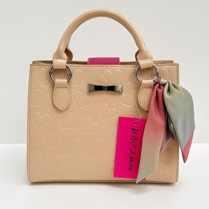 Betsey Johnson Nude Patent Heart Embossed Satchel Bag Crossbody Bow Purse NWT